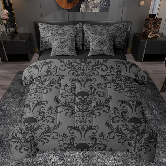 jejeloiu Vintage Gothic Skull 7-Piece Twin Bedding Sets,Retro Damask Flower Bedding Comforter Set,Gray Black Sheet Sets For Girls Kids,Microfiber Bedroom Decor Reversible