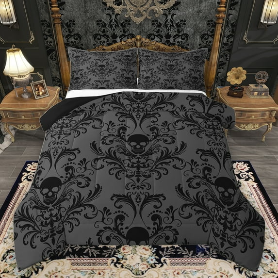 jejeloiu Vintage Gothic Skull Bedding Comforter Set,Retro Damask Flower Twin Comforter Sets,Gray Black Bedding Set For Girls Kids,Microfiber Bedroom Decor Reversible,2-Piece