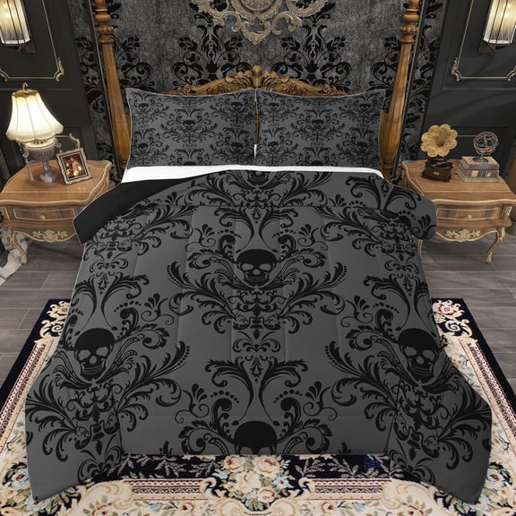 jejeloiu Vintage Gothic Skull Bedding Comforter Set,Retro Damask Flower Twin Comforter Sets,Gray Black Bedding Set For Girls Kids,Microfiber Bedroom Decor Reversible,2-Piece