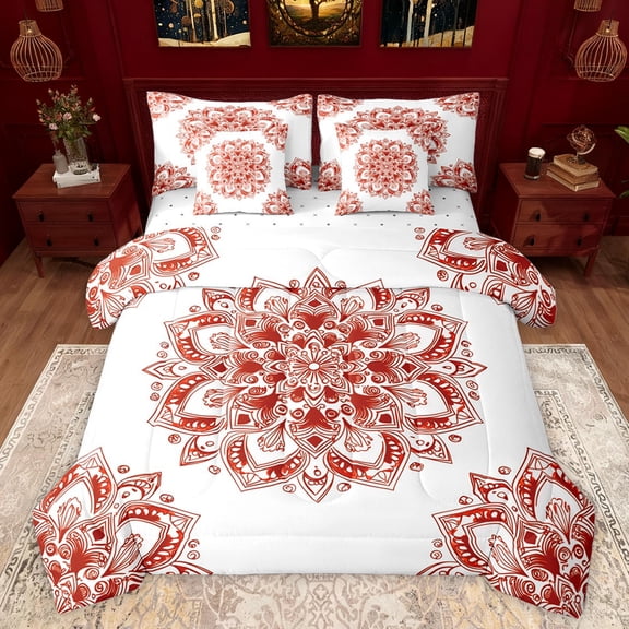 jejeloiu Vintage Hippie Boho 7 Pieces Bedding Comforter Set,Bohemian Aesthetic Paisley Full Bedding Set,White Red Fitted Sheet Flat Sheet For Girl Boys,Microfiber Bedroom Decor Reversible