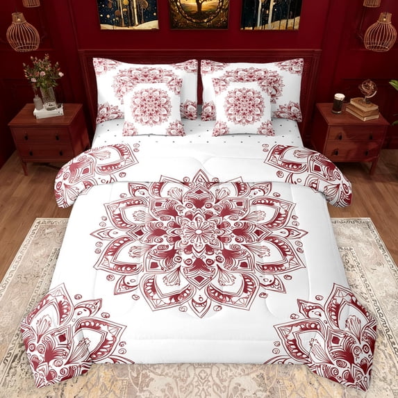 jejeloiu Vintage Hippie Boho 7 Pieces Bedding Comforter Set,Retro Aesthetic Paisley Full Bedding Set,Red White Fitted Sheet Flat Sheet For Girl Boys,Microfiber Bedroom Decor Reversible