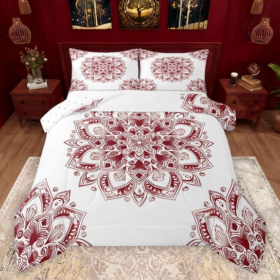 jejeloiu Vintage Hippie Boho Bedding Comforter Set,Retro Aesthetic Paisley Twin Comforter Sets,Red White Bedding Set For Girl Boys,Microfiber Bedroom Decor Reversible,2pcs