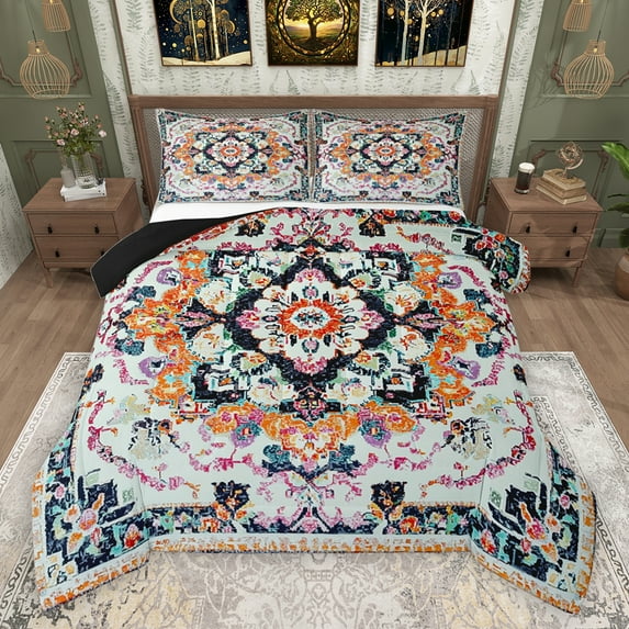 jejeloiu Vintage Hippie Boho Bedding Comforter Set,Retro Batik Aesthetic Twin Comforter Sets,Blue Orange Gray Bedding Set For Girl Boys,Microfiber Bedroom Decor Reversible,2 Pieces