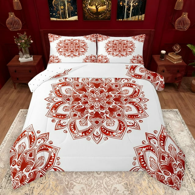 jejeloiu Vintage Hippie Boho Queen Comforter Set,Bohemian Aesthetic Paisley Bedding Sets,White Red Bedding Comforter Set For Girl Boys,Microfiber Bedroom Decor Reversible,3 Pieces