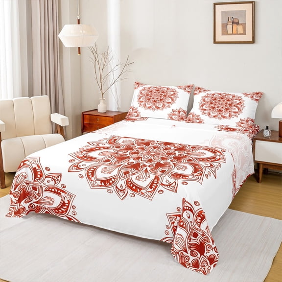 jejeloiu Vintage Hippie Boho Twin Sheet Set (3-Piece) Paisley White Red Microfiber Decor For Kids