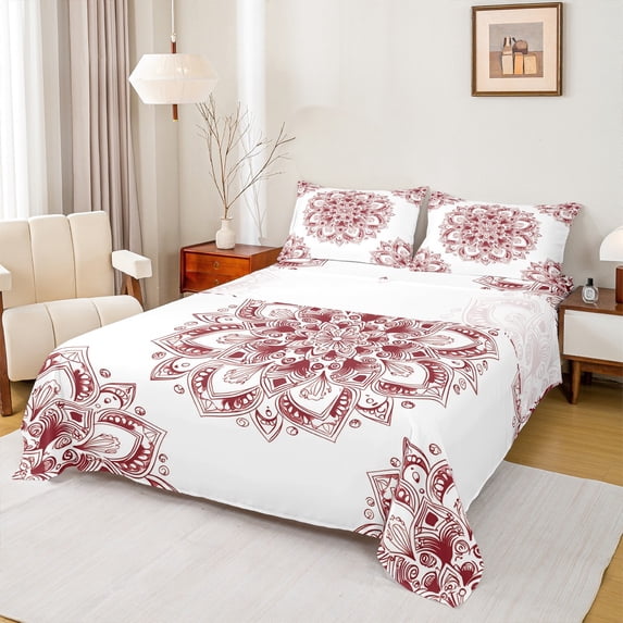jejeloiu Vintage Hippie Boho Twin Sheet Sets,Retro Aesthetic Paisley Twin Fitted Sheet,Red White Flat Sheet For Girl Boys,Microfiber Bedroom Decor,3pcs