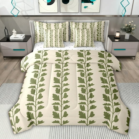 jejeloiu Vintage Leaves Pattern 7-Piece Bedding Comforter Set,Green Beige King Bedding Sets For Kids Reversible