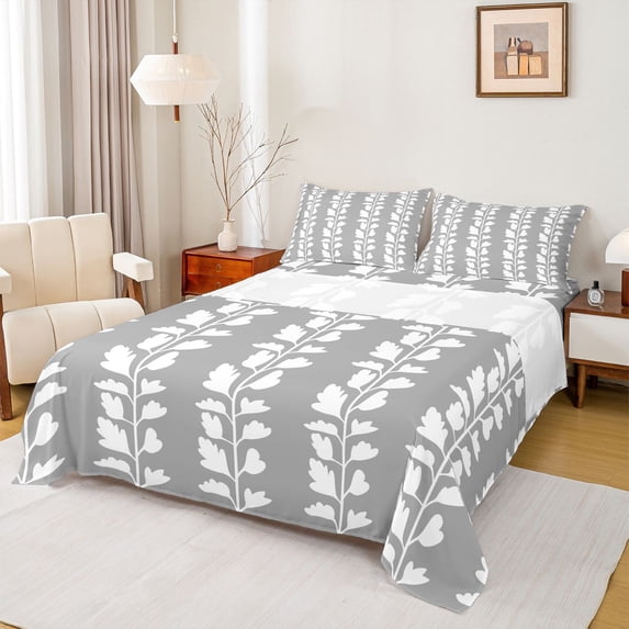 jejeloiu Vintage Leaves Pattern Twin Sheet Sets,White Gray Bedding For Kids 3pcs