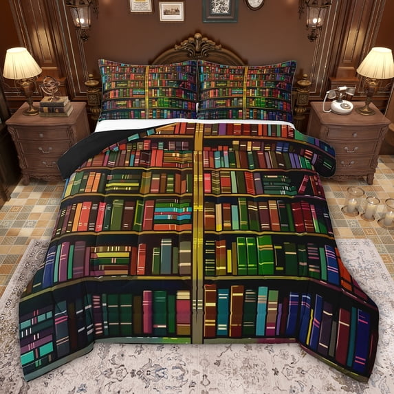 jejeloiu Vintage Library Bookshelf Twin Comforter Sets,Students School Books Bedding Set For Girls Boys Reversible 2-Piece