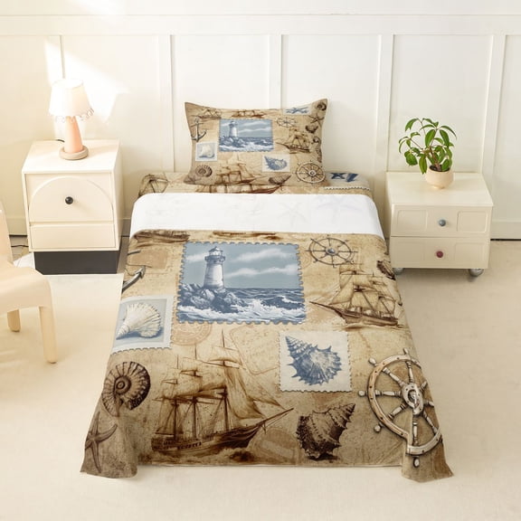 jejeloiu Vintage Nautical Pattern Twin Sheets,Lighthouse Shell Print Bedding For Boys,Beige Blue,3 Pieces,1 Fitted Sheet and 1 Pillowcase