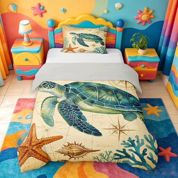 jejeloiu Vintage Nautical Turtle Twin Duvet Cover,Compass Starfish Twin Bedding For Boys,Beige Teal,Light Gray Reversible,2 Pieces,1 Duvet Cover and 1 Pillowcase