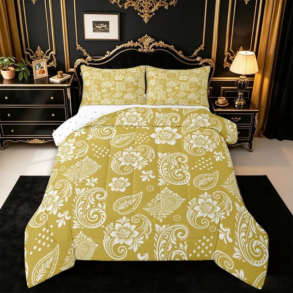 jejeloiu Vintage Paisley Queen Comforter Set For Men Women,Retro Print Comforter Sets Queen,Mustard White,Reversible,3 Pieces,1 Comforter and 2 Pillowcases