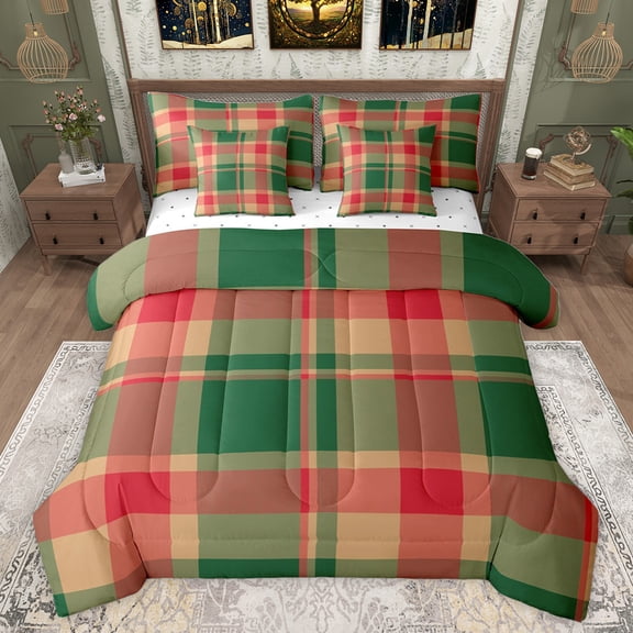 jejeloiu Vintage Patchwork Checkered 7pcs Bedding Comforter Set,Abstract Geometric Art Queen Bedding Sets,Red Green Striped Queen Sheet Sets For Kids,Ultra Soft Home Decor Reversible