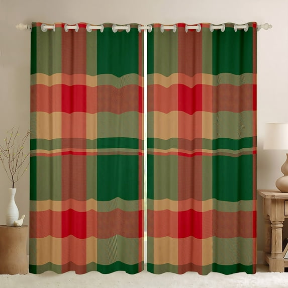 jejeloiu Vintage Patchwork Checkered Blackout Curtains Set of 2 (52x84 Each),Abstract Geometric Art Window Curtains,Red Green Striped Curtains and Drapes For Kids,Ultra Soft Home Decor