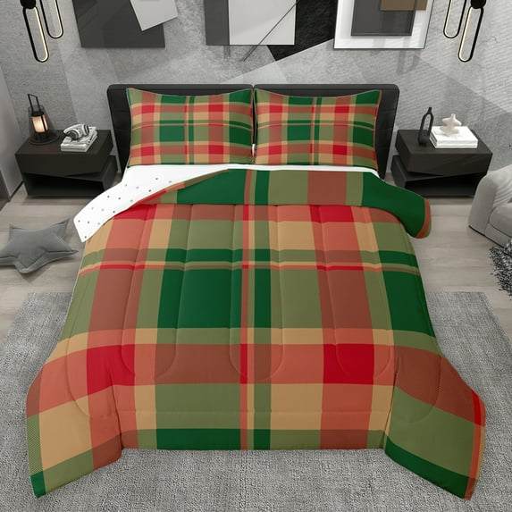 jejeloiu Vintage Patchwork Checkered Queen Comforter Set,Abstract Geometric Art Bedding Sets,Red Green Striped Bedding Comforter Set For Kids,Ultra Soft Home Decor Reversible,3-Piece