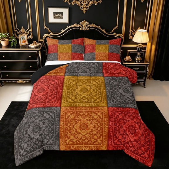 jejeloiu Vintage Patchwork Queen Comforter Set For Men Women,Damask Print Comforter Sets Queen,Red Gold,Black Reversible,3pcs,1 Comforter and 2 Pillowcases