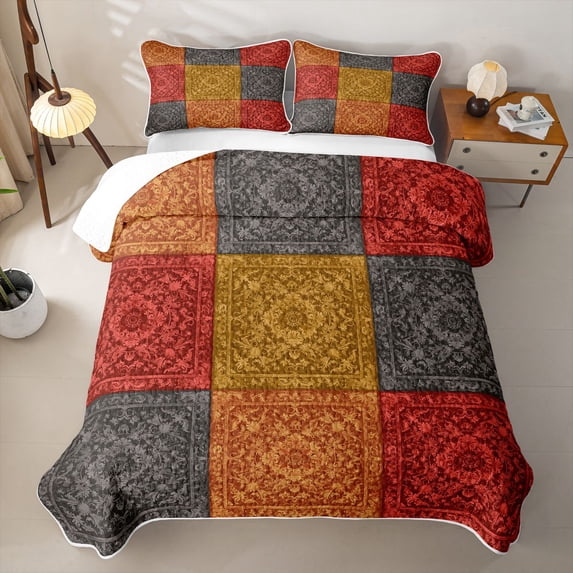 jejeloiu Vintage Patchwork Quilt Full For Men Women,Damask Print Full Bedspread Sets,Red Gold,3pcs