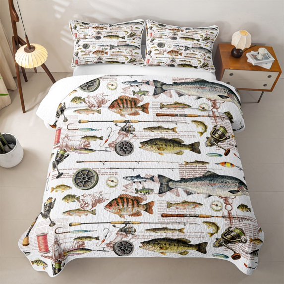jejeloiu Vintage Pike Fishing Bed Spread Queen,Rustic Farmhouse Hunting Queen Coverlet Set For Boys,Multicolor,3 Pieces