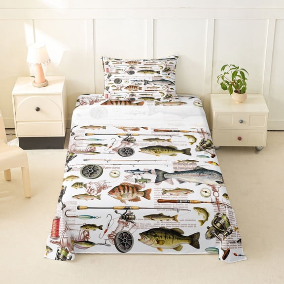 jejeloiu Vintage Pike Fishing Twin Sheets,Rustic Farmhouse Hunting Bedding For Boys,Multicolor,3-Piece,1 Fitted Sheet and 1 Pillowcase