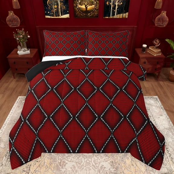 jejeloiu Vintage Rhombus Pattern Bedding Comforter Set,Abstract Minimalist Geometric Twin Comforter Sets,Red Black Bedding Set For Men Women,Ultra Soft Home Decor Reversible,2 Pieces