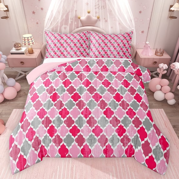 jejeloiu Vintage Rhombus Pattern Queen Comforter Set,Abstract Geometric Floral Bedding Sets,Pink Gray Bedding Comforter Set For Men Women,Ultra Soft Home Decor Reversible,3-Piece