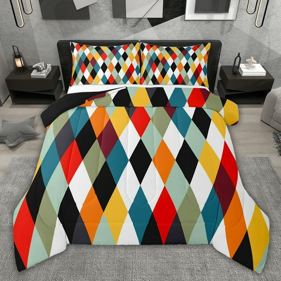 jejeloiu Vintage Rhombus Pattern Queen Comforter Set,Multicolor Pattern Bedding Comforter Set For Girls Boys Reversible 3 Pieces