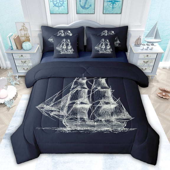 jejeloiu Vintage Sailboat 7pcs Bedding Comforter Set,Deephblue White Queen Bedding Sets For Boys Kids Reversible
