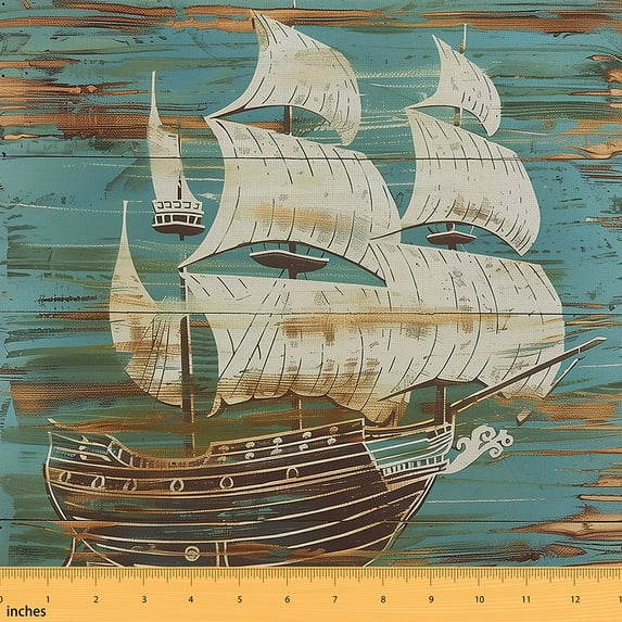 jejeloiu Vintage Sailboat Fabric by the Yard 1 Yard, Brown Teal Barn Door Sewing Fabric, Nautical Theme Coastal Room Decor Fabric by the Yard, Luxury Bedroom Decor