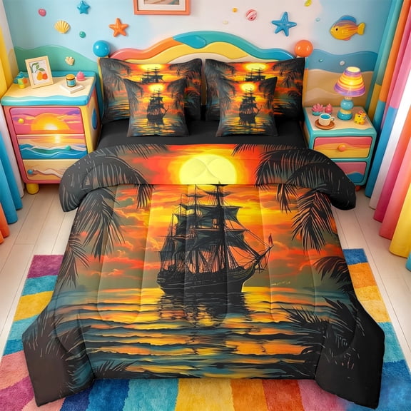 jejeloiu Vintage Ship Sunset 7 Pieces Full Size Bedding Sets For Girls,Nautical Print Full Size Bed in a Bag,Multicolor,Black Reversible