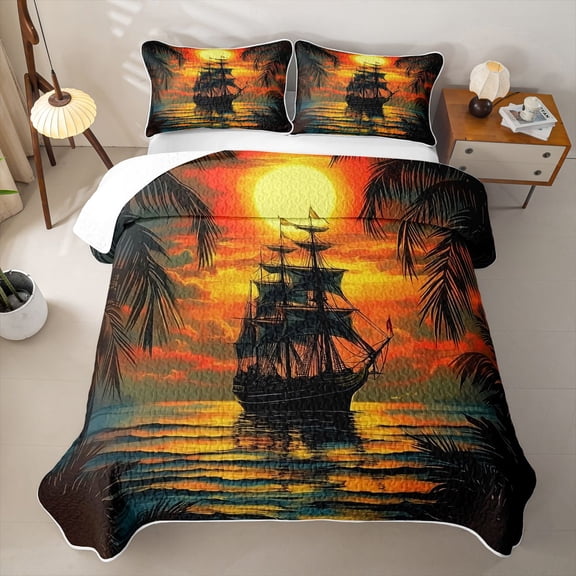 jejeloiu Vintage Ship Sunset Bed Spread Queen For Girls,Nautical Print Queen Coverlet Set,Multicolor,3-Piece
