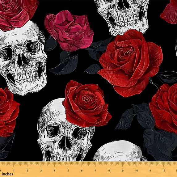 jejeloiu Vintage Skeleton Fabric by the Yard 2 Yards,Gothic Theme Room Decor Fabric by the Yard,Romance Rose Flower Fabric for Sewing For Child,Breathable Home Decor