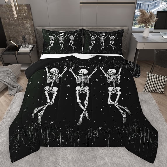 jejeloiu Vintage Skeleton Full Comforter Set Boho White Black Microfiber Reversible Bedroom Decor For Adults 3pcs