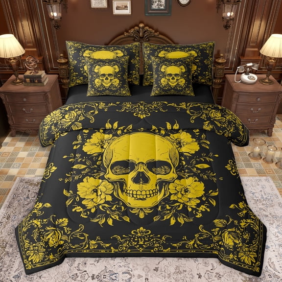 jejeloiu Vintage Skull 7-Piece Bedding Comforter Set,Gothic Skeleton Pattern King Bedding Sets,Yellow Country Floral Bed Sheets For Adults,Microfiber Bedroom Decor Reversible