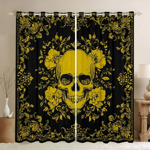 jejeloiu Vintage Skull Curtains Pack of 2 (42x84 Each),Gothic Skeleton Pattern Curtains Blackout,Yellow Country Floral Bedroom Curtains For Adults,Microfiber Bedroom Decor