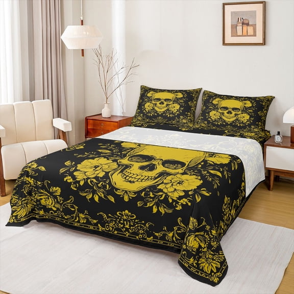 jejeloiu Vintage Skull Full Size Sheets,Gothic Skeleton Pattern Bed Sheets,Yellow Country Floral Sheet Sets For Adults,Microfiber Bedroom Decor,4 Pieces