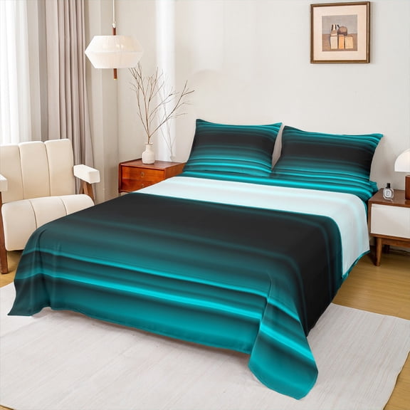 jejeloiu Vintage Striped Print Bed Sheets,Abstract Geometric Pattern King Sheets,Cyan Black Sheet Set For Adult,Breathable Home Decor,4 Pieces