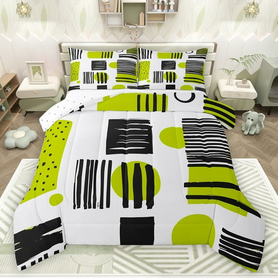 jejeloiu Vintage Striped Print Full Size Comforter Sets,Modern Abstract Art Bedding Comforter Set,Green Geometric Circle Bedding Sets For Kids,Luxury Bedroom Decor Reversible,3 Pieces