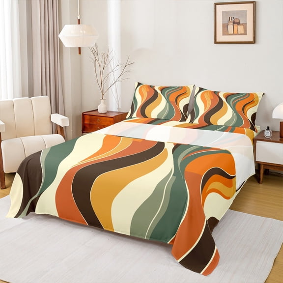 jejeloiu Vintage Striped Print Queen Sheet Sets,Abstract Geometric Pattern Flat Sheet,Multicolor Waves Lines Queen Fitted Sheet For Adult,Breathable Home Decor,4-Piece