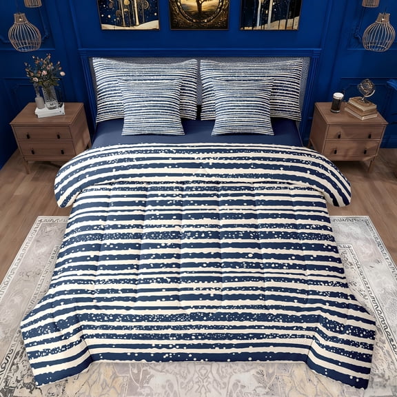 jejeloiu Vintage Stripes Pattern 7-Piece Twin Bedding Sets,Abstract Geometric Bedding Comforter Set,Blue White Sheet Sets For Kids,Breathable Home Decor Reversible