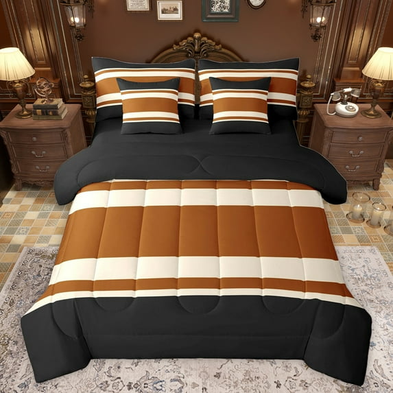 jejeloiu Vintage Stripes Pattern 7pcs Bedding Comforter Set,Abstract Geometric Queen Bedding Sets,Brown Black Queen Sheet Sets For Kids,Breathable Home Decor Reversible