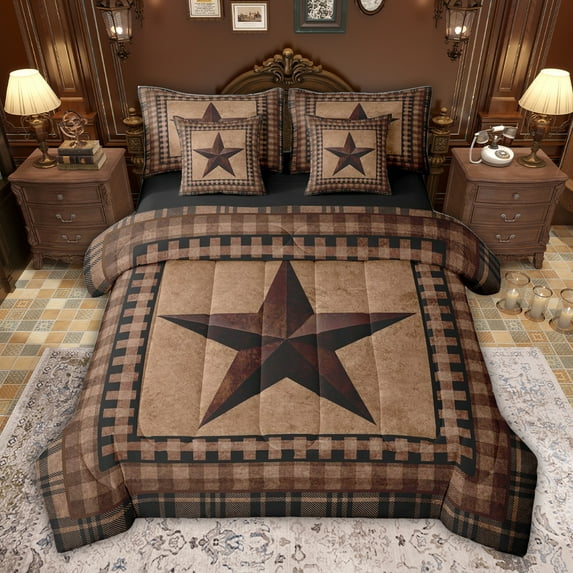 jejeloiu Vintage Texas Stars 7-Piece Twin Bedding Sets,Retro Geometric Plaid Bedding Comforter Set For Cowboy Kids Reversible