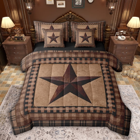 jejeloiu Vintage Texas Stars 7-Piece Twin Bedding Sets,Retro Geometric Plaid Bedding Comforter Set For Cowboy Kids Reversible