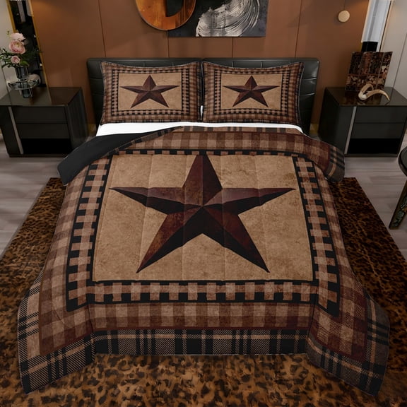 jejeloiu Vintage Texas Stars Twin Comforter Sets,Retro Geometric Plaid Bedding Set For Cowboy Kids Reversible 2pcs