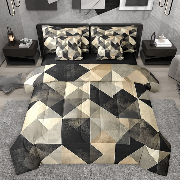 jejeloiu Vintage Triangle Rhombus 7-Piece Bedding Comforter Set,Abstract Geometric Art King Bedding Sets,Beige Black Bed Sheets For Kids,Ultra Soft Home Decor Reversible