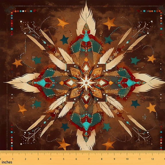 jejeloiu Vintage Tribal Theme Fabric by the Yard 1 Yard,Boho Bohemian Home Decor Fabric by the Yard,Cyan Brown Biege Sewing Fabric For Adults,Luxury Bedroom Decor