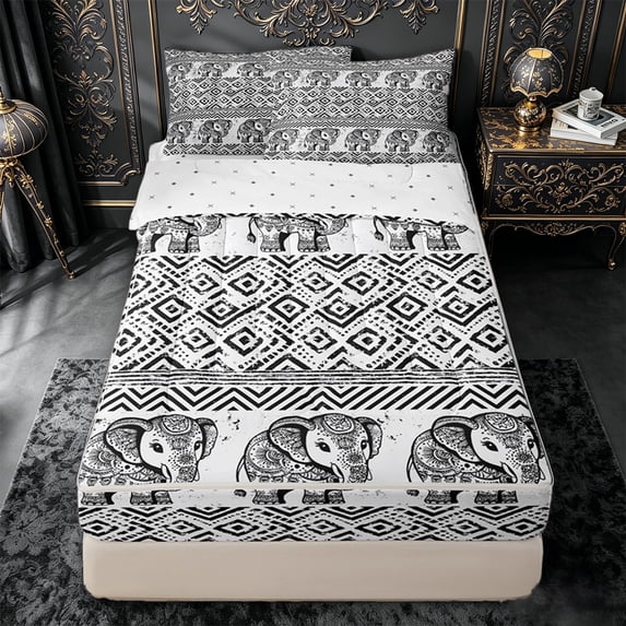 jejeloiu Vintage Tribal Zipper Full Size Comforter Sets with Fitted Sheet and 2 Pillowcases For Men Women,Bohemian Exotic Style Alphabet Print Zipper Bedding Set,Black White,Reversible,4 Pieces