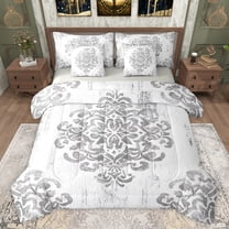 jejeloiu Vintage Victorian Pattern 7-Piece Twin Bedding Sets,Retro Damask Flower Bedding Comforter Set,White Gray Sheet Sets For Girls Kids,Microfiber Bedroom Decor Reversible