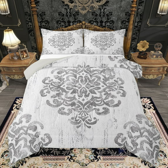 jejeloiu Vintage Victorian Pattern Bedding Comforter Set,Retro Damask Flower Twin Comforter Sets,White Gray Bedding Set For Girls Kids,Microfiber Bedroom Decor Reversible,2 Pieces
