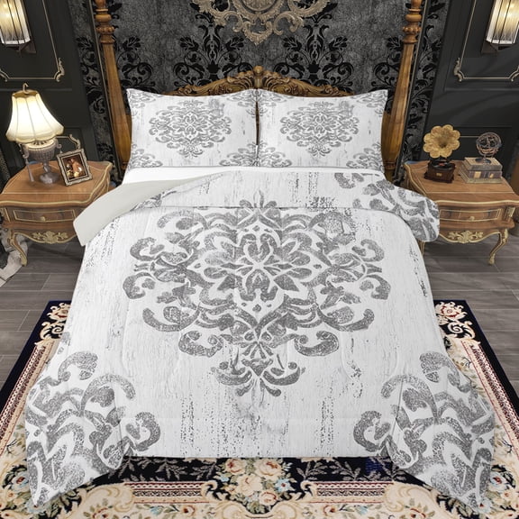 jejeloiu Vintage Victorian Pattern Bedding Comforter Set,Retro Damask Flower Twin Comforter Sets,White Gray Bedding Set For Girls Kids,Microfiber Bedroom Decor Reversible,2 Pieces