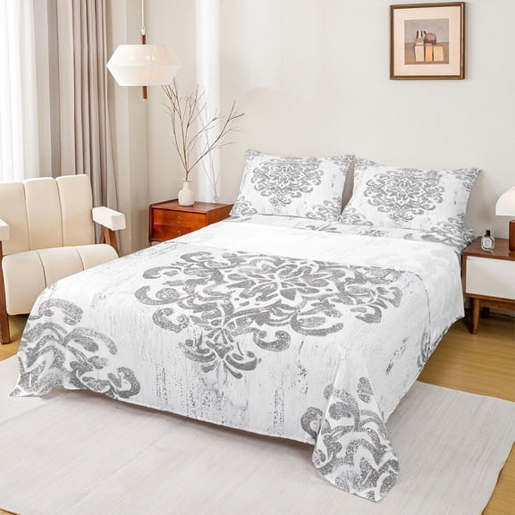 jejeloiu Vintage Victorian Pattern Twin Sheet Sets,Retro Damask Flower Twin Fitted Sheet,White Gray Flat Sheet For Girls Kids,Microfiber Bedroom Decor,3 Pieces